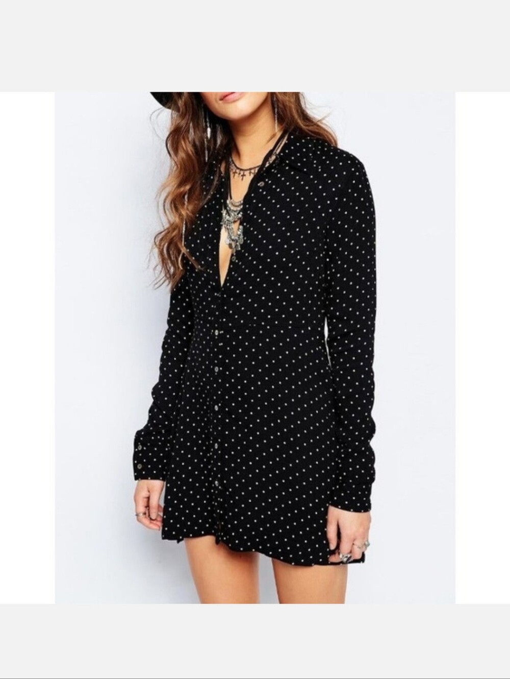 Free People This Town Black White Polka Dots Button Front Long Sleeve Dress